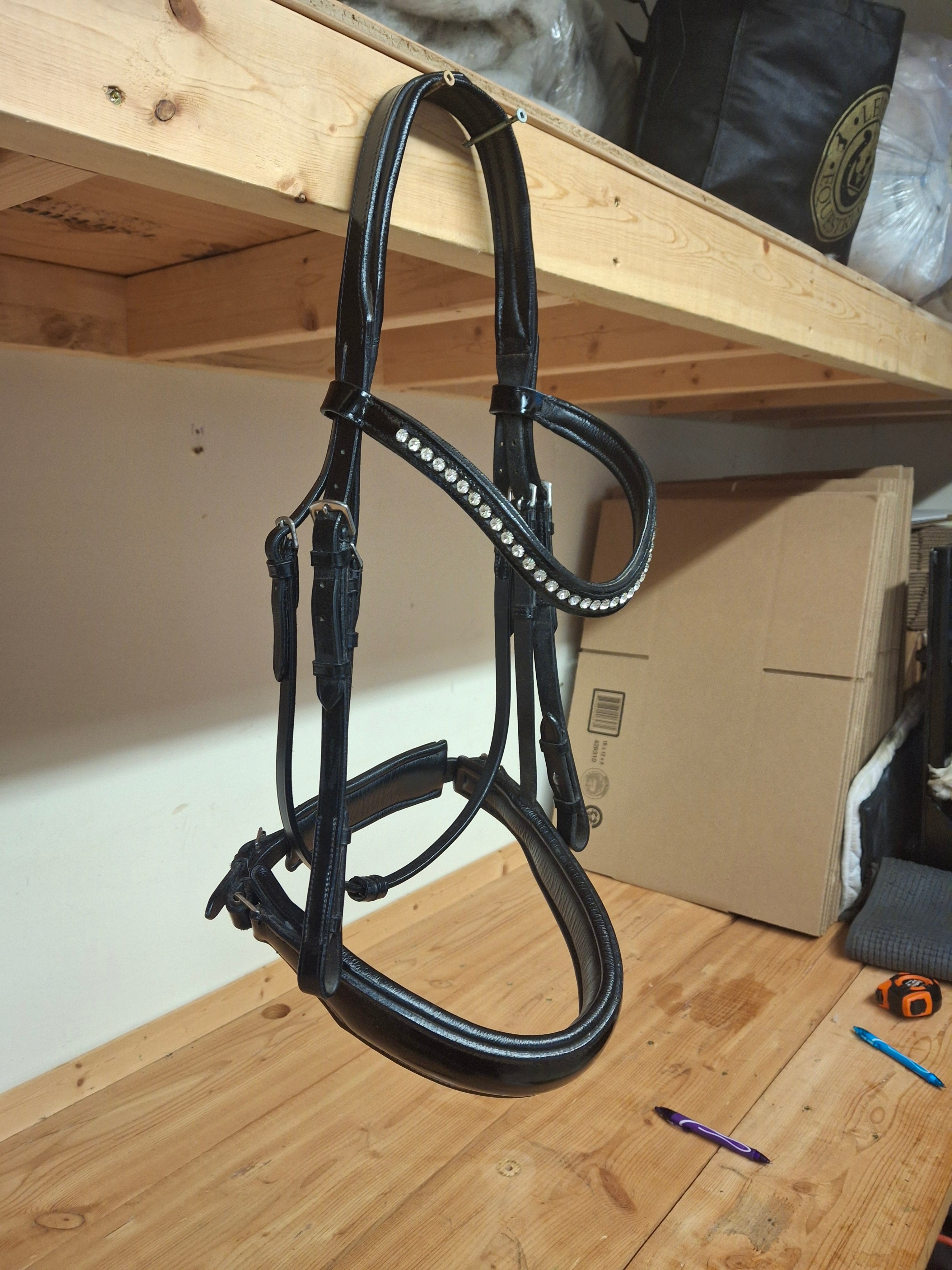 Used Black Patent and Silver Crystal Full Dressage Bridle